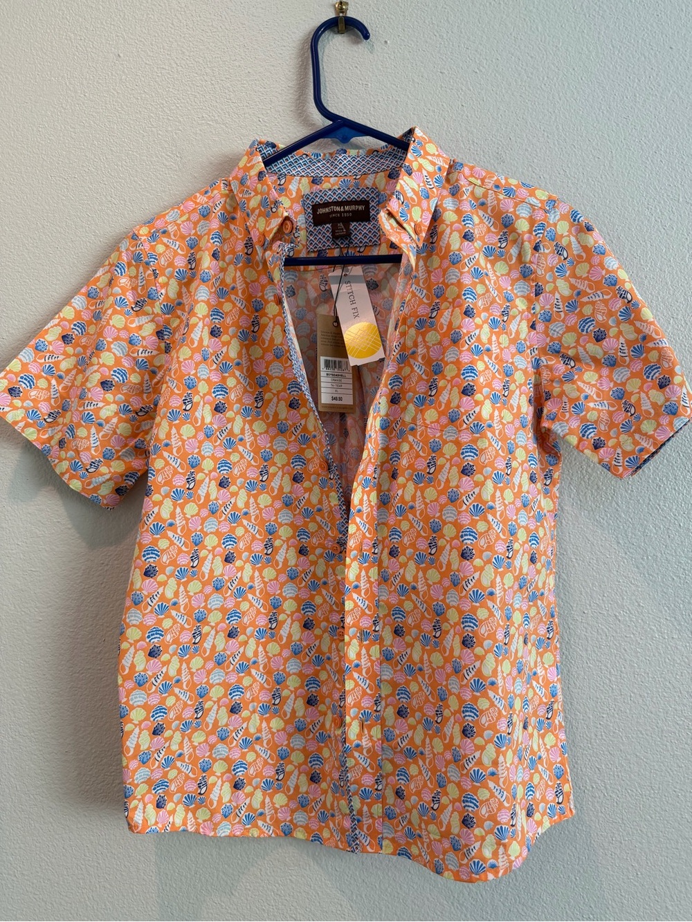 Johnston & Murphy Orange Multicolor Shell-Print Short-Sleeve Button-Down Shirt